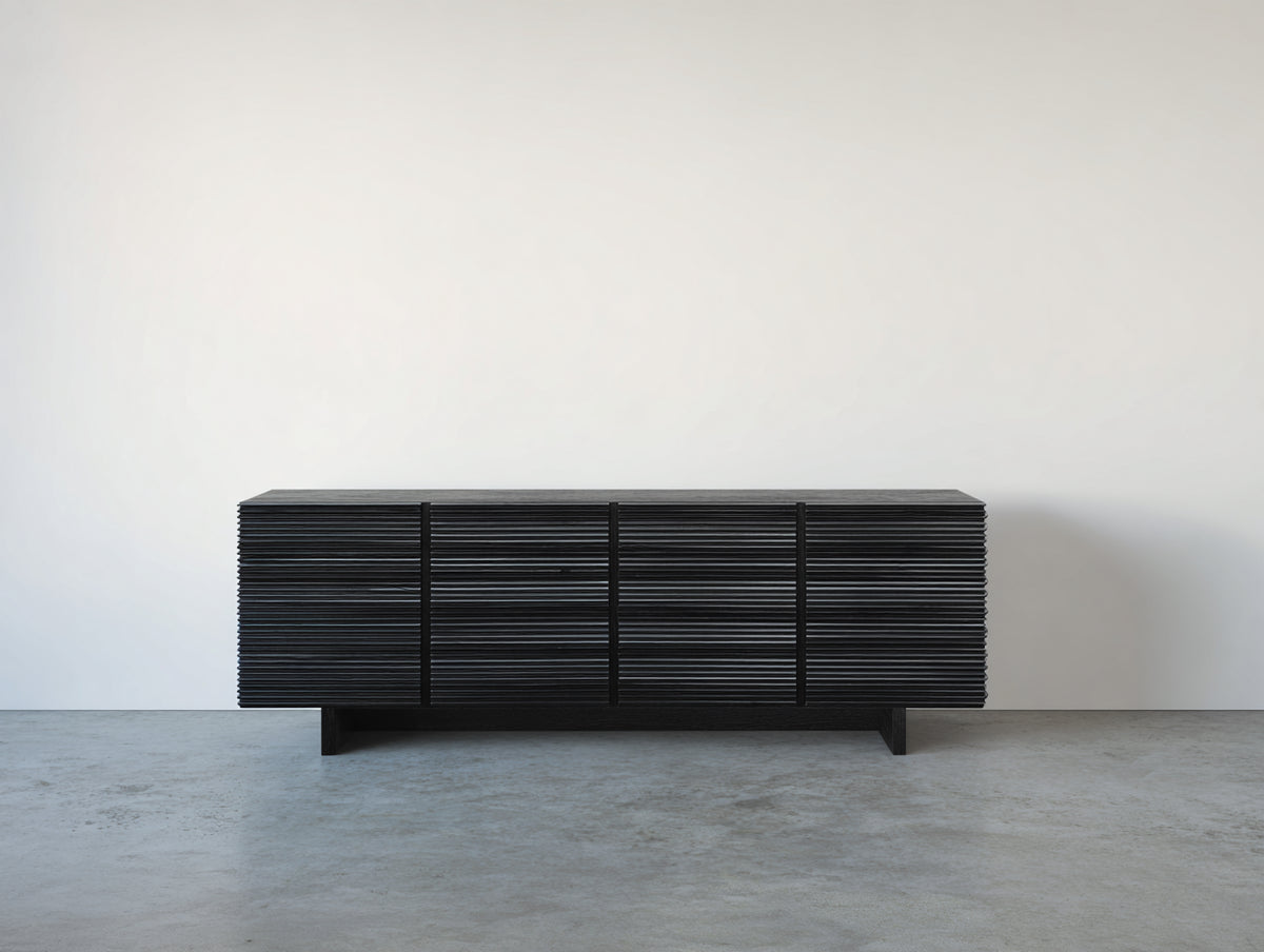 Mueble recibidor de madera 180 x 42 x 76 cm - negro - aparador bajo con 4 puertas acanaladas y diseño moderno