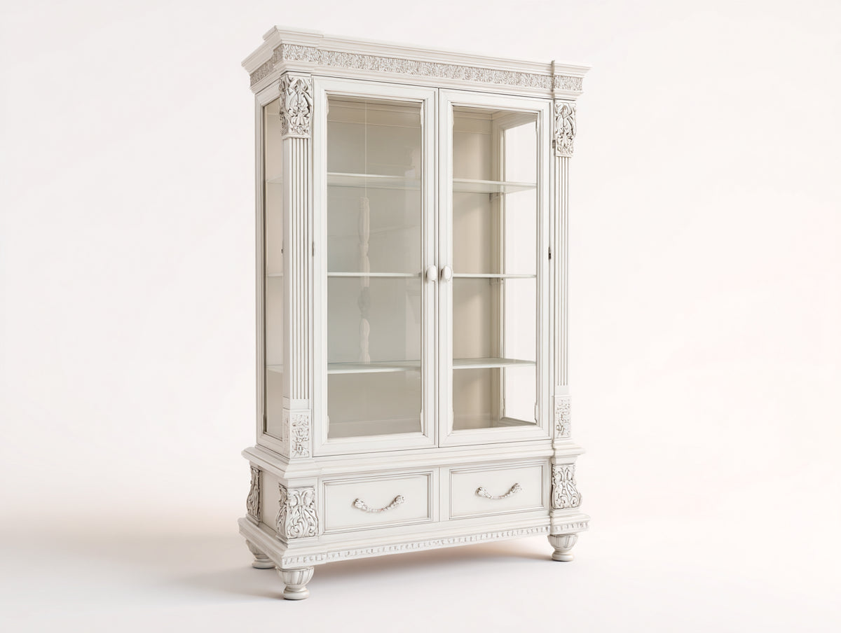 Vitrina de madera con 2 puertas de cristal y 2 cajones 110 x 45 x 190 cm - Blanco marfil - Diseño clásico ornamentado con estantes de exposición