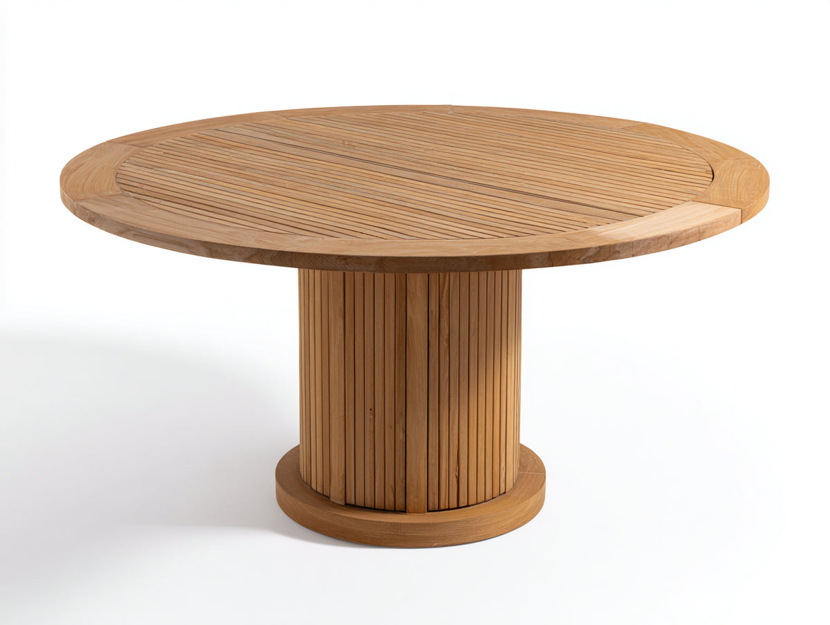 Mesas de jardín de madera maciza 145 x 145 x 76 cm - madera natural - mesa redonda con tablero de lamas y base cilíndrica central