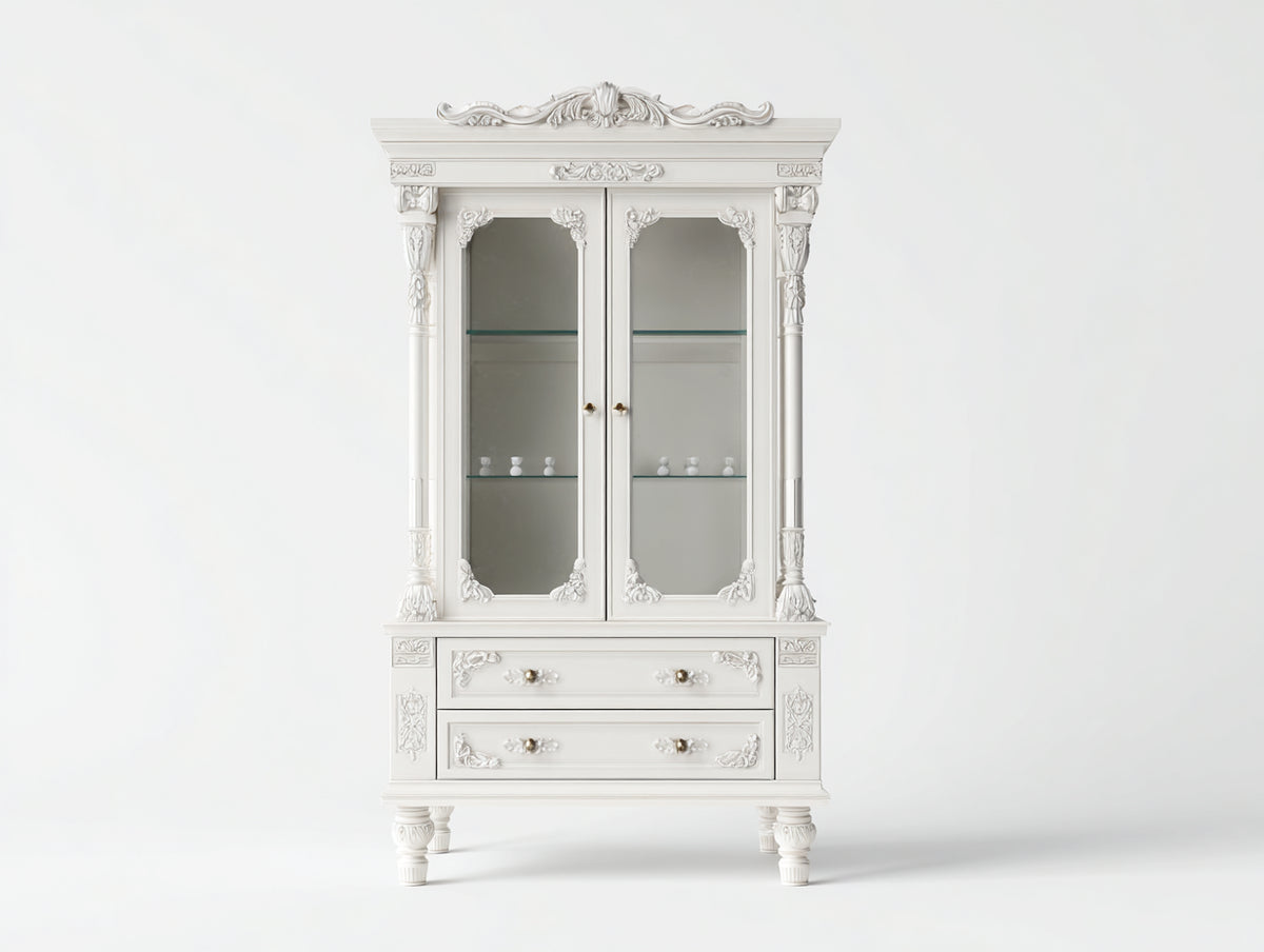 Vitrina de 2 puertas de vidrio y 2 cajones 90x40x198 cm - blanco - diseño clásico ornamental