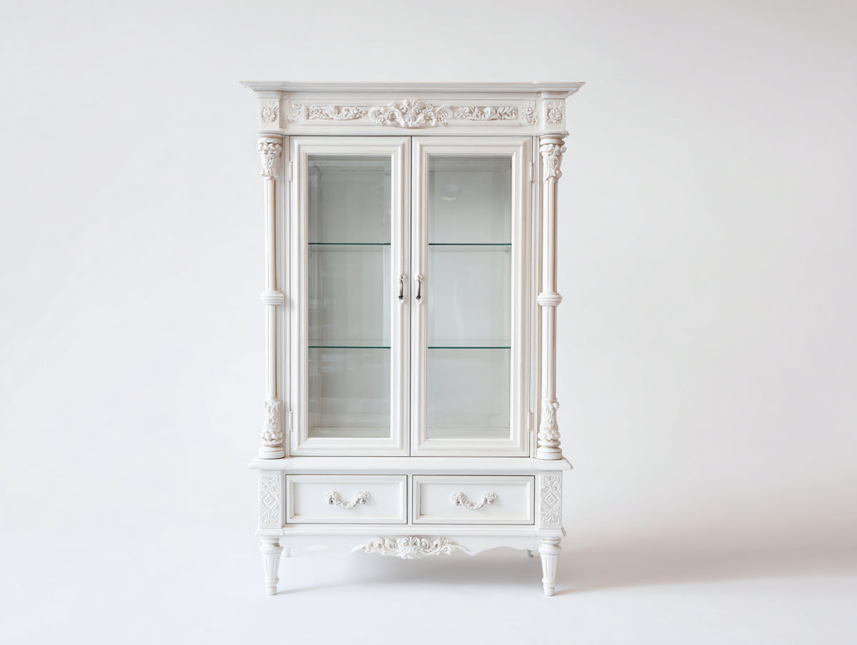 Vitrina de madera manufacturada 105x42x190 cm - Blanco - Diseño clásico con 2 puertas de vidrio y 2 cajones