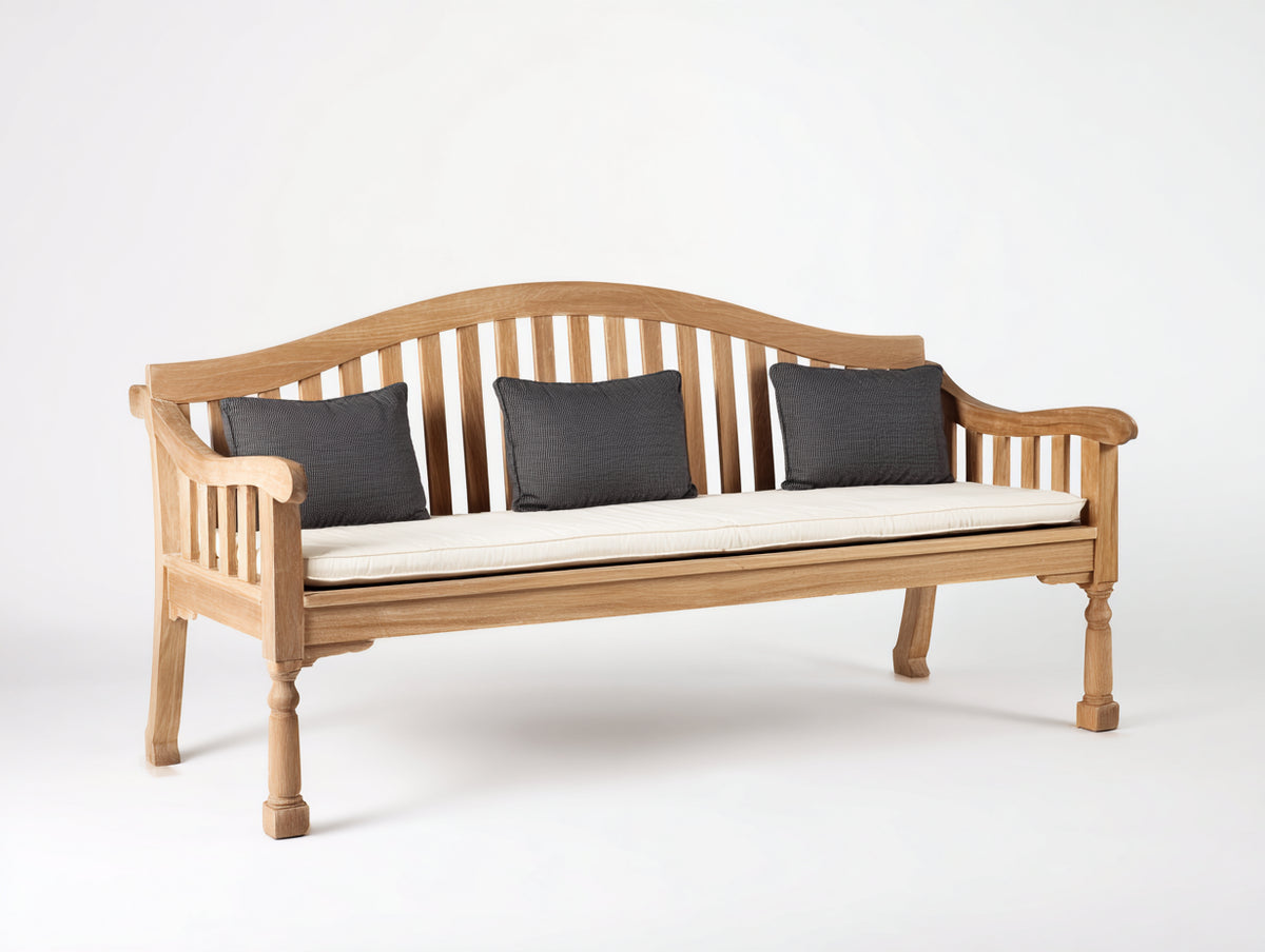 Bancos de jardín de madera maciza 175 x 60 x 95 cm - madera natural y beige - banco largo con respaldo curvo de lamas y asiento acolchado