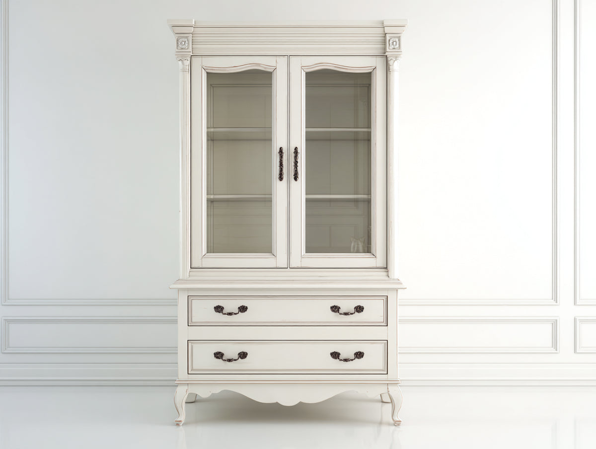 Vitrina de 2 puertas de vidrio y 2 cajones 100x42x198 cm - blanco marfil - diseño clásico con patas curvas
