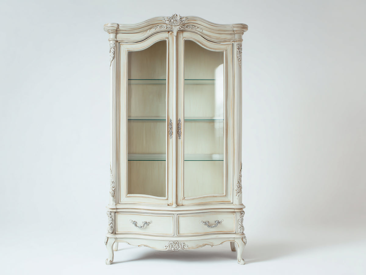 Vitrina 110 x 45 x 200 cm - madera blanco marfil - diseño clásico con 2 puertas de vidrio y 2 cajones