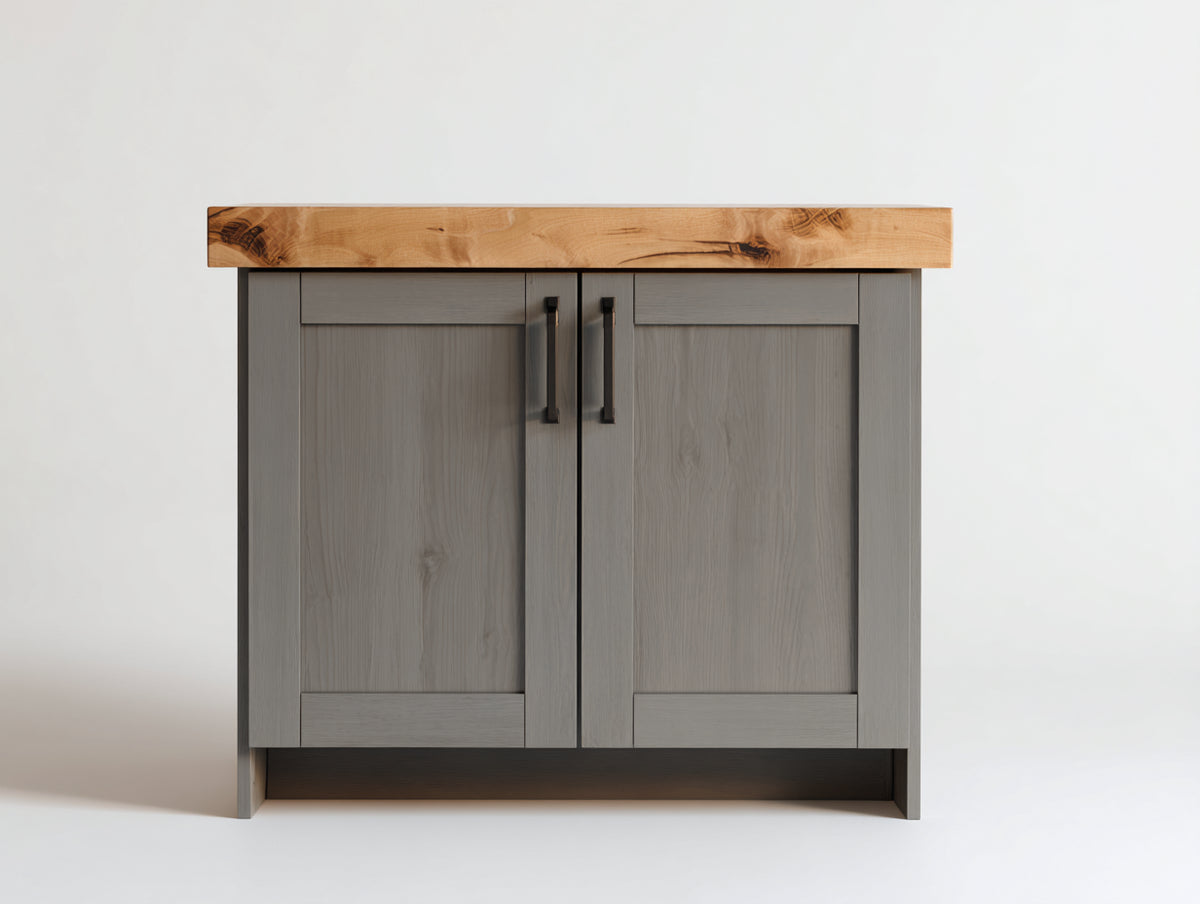 Aparadores de madera con 2 puertas 100 x 40 x 90 cm - Gris-Madera natural - Diseño moderno con encimera de madera y tiradores negros