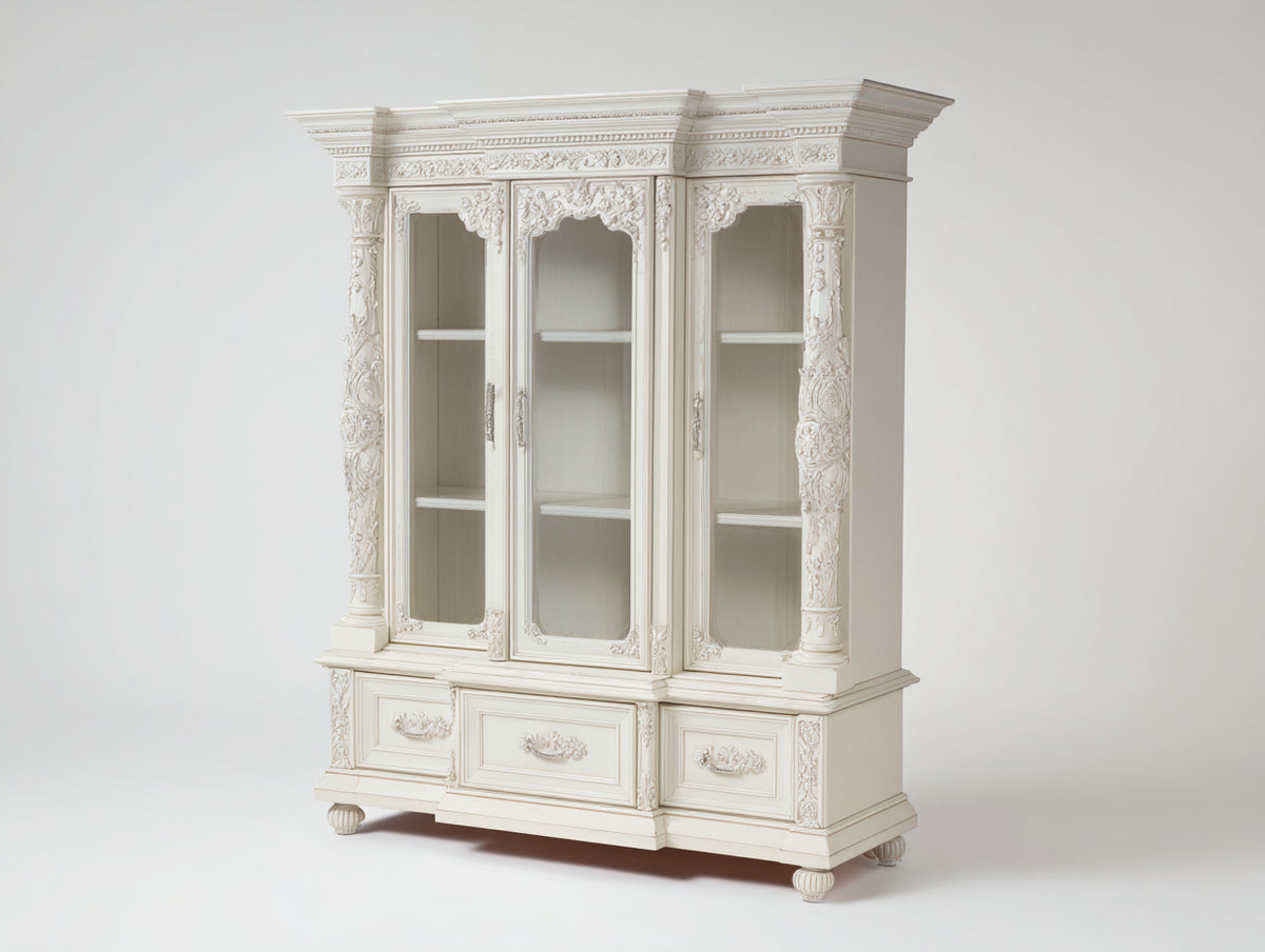 Vitrina de 3 puertas de vidrio y 3 cajones 150x45x205 cm - blanco marfil - diseño clásico ornamental