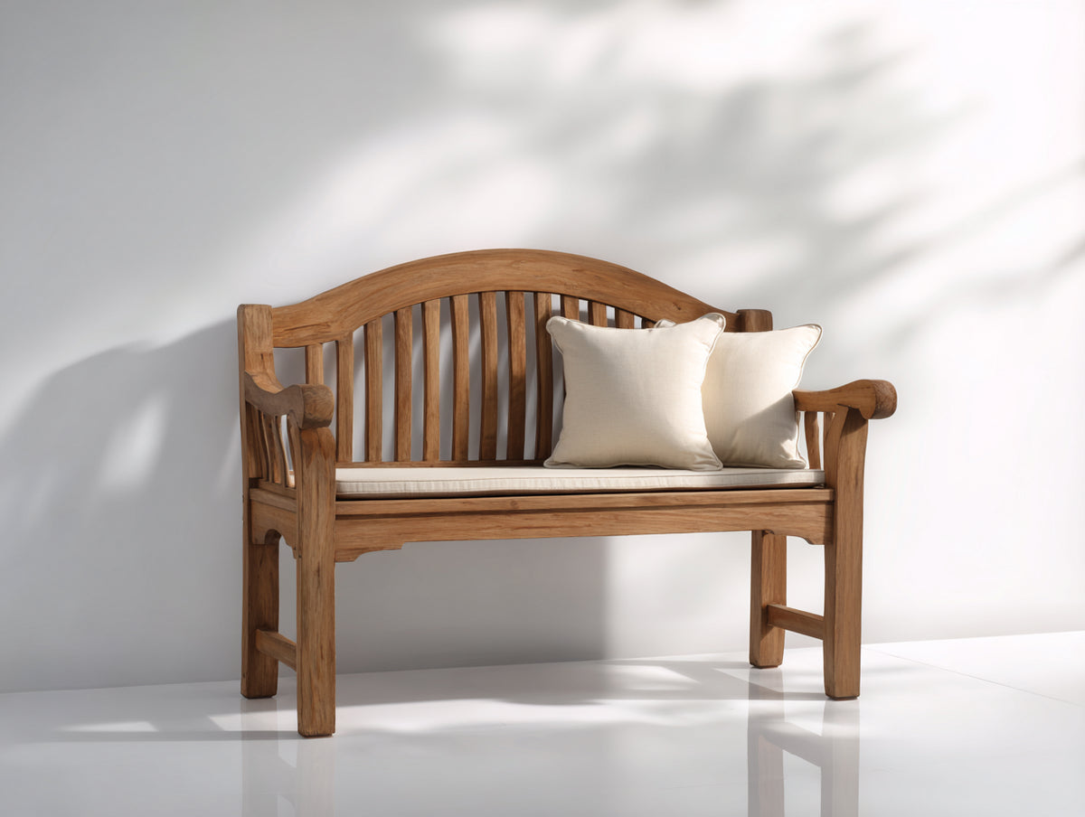 Bancos de jardín de madera 140 x 60 x 90 cm - Madera natural-Beige - Diseño de 2 plazas con respaldo curvo de listones y reposabrazos