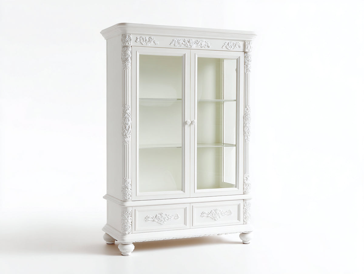 Vitrina de madera 108 x 44 x 188 cm - blanco - con 2 puertas de cristal 2 cajones y estantes interiores