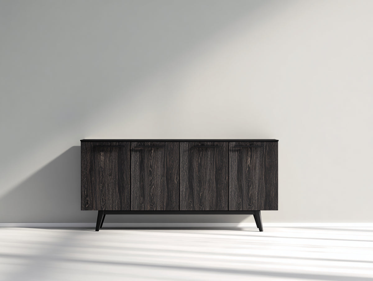 Mueble recibidor de 4 puertas 160x40x78 cm - marrón oscuro y negro - diseño moderno con acabado efecto madera