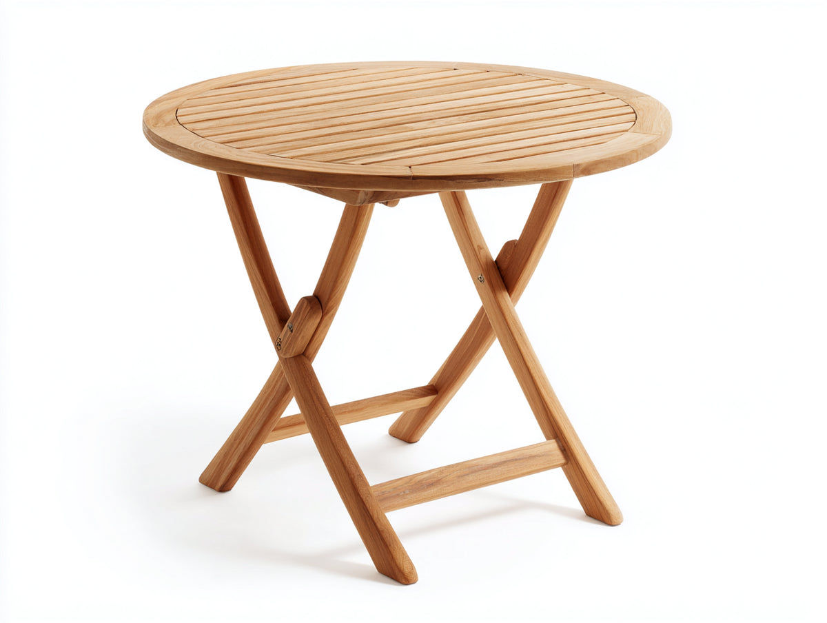 Mesas de jardín redonda plegable de madera 80 x 80 x 75 cm - Madera natural - Diseño compacto con tablero de listones para terraza y balcón
