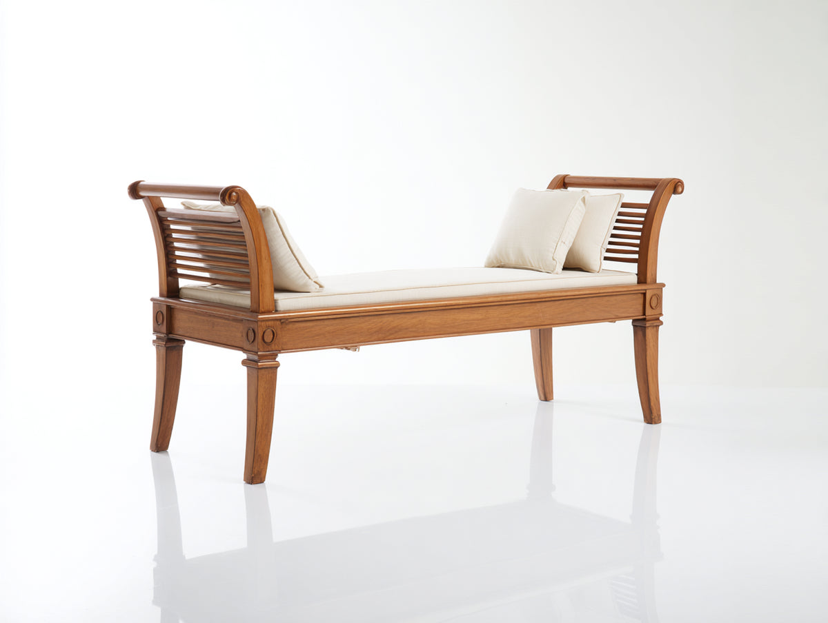 Bancos de jardín 180 x 65 x 92 cm - madera marrón natural y tapizado beige - diseño clásico con respaldo lateral abierto