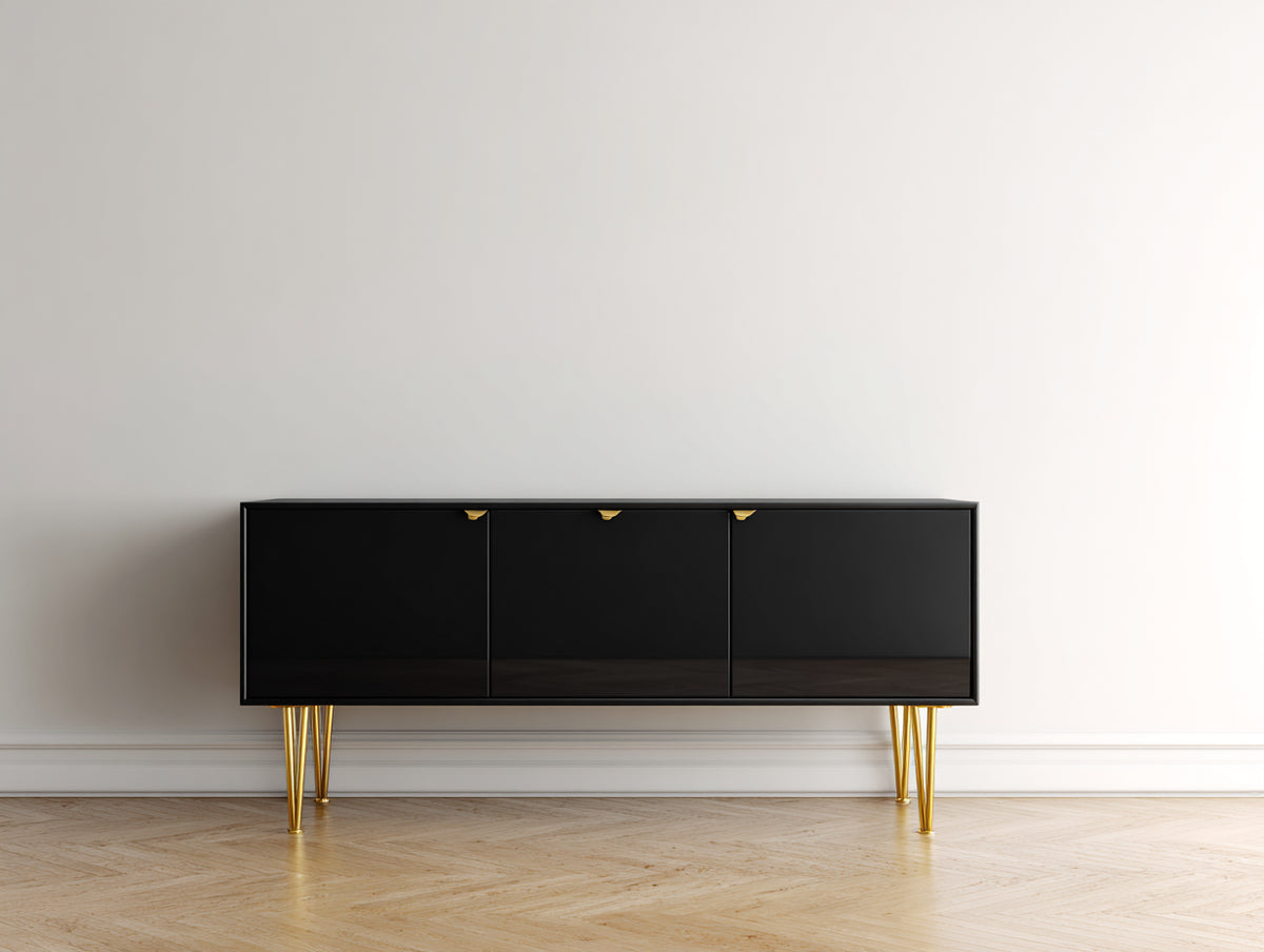 Mueble recibidor de 3 puertas 160x40x75 cm - negro y dorado - diseño moderno con patas metálicas altas
