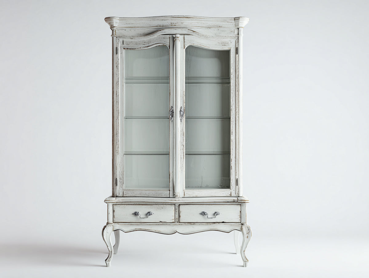 Vitrina de madera manufacturada 100x42x185 cm - Blanco envejecido - Diseño clásico con 2 puertas de vidrio y 2 cajones
