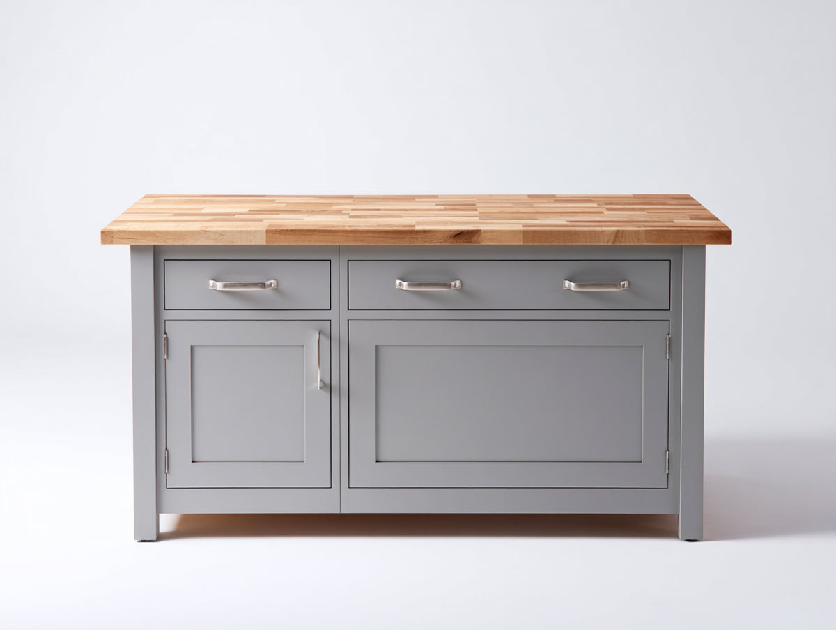 Aparadores de madera con 2 puertas y 2 cajones 150 x 45 x 90 cm - Gris-Madera natural - Diseño moderno con encimera de madera y tiradores metálicos