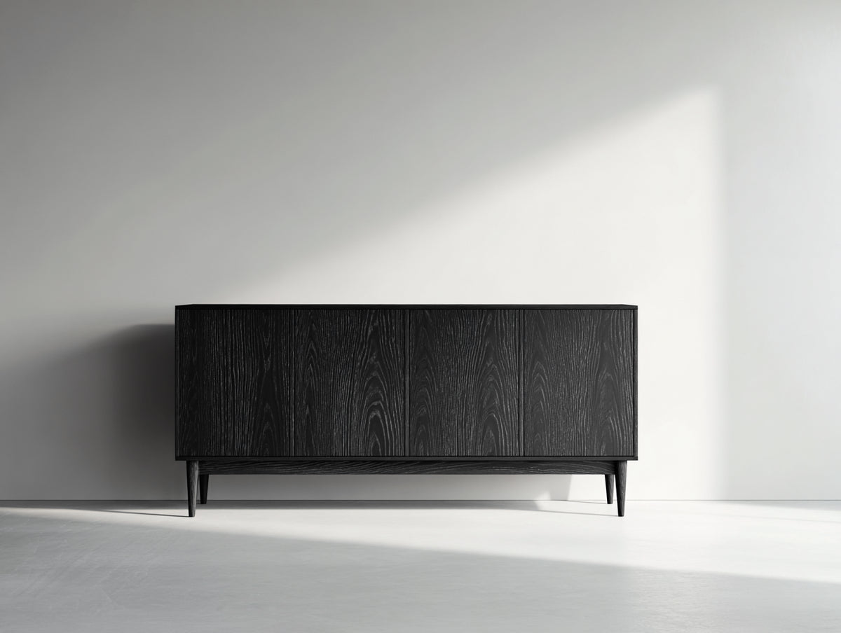 Mueble recibidor de madera con 4 puertas 160 x 40 x 78 cm - Negro - Diseño moderno con acabado de veta y patas elevadas