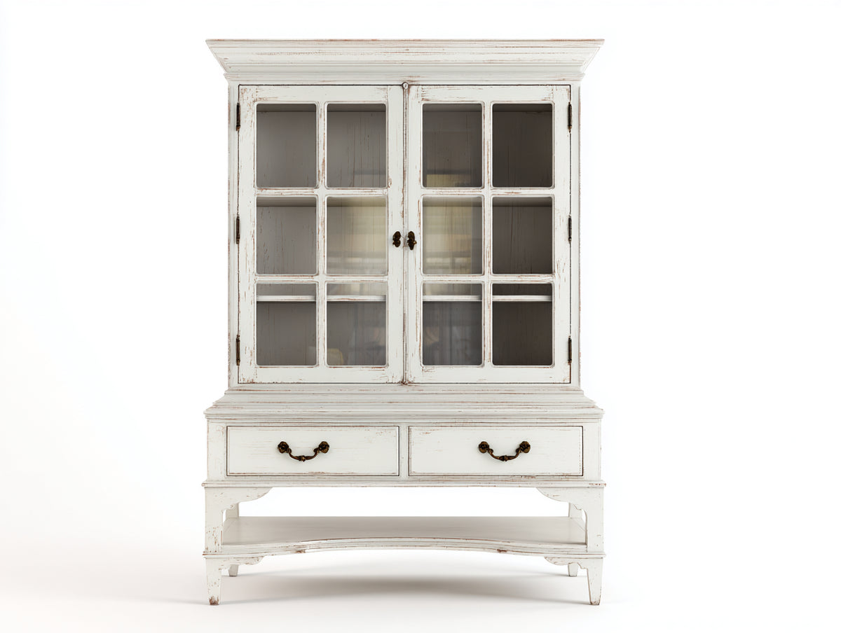 Vitrina 110 x 45 x 198 cm - madera blanco envejecido - diseño clásico con 2 puertas de vidrio y 2 cajones
