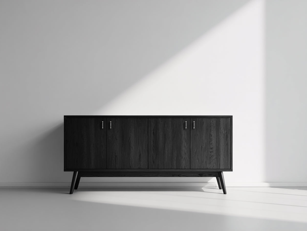 Mueble recibidor de madera manufacturada 160x40x78 cm - Negro - Diseño moderno con 4 puertas y patas elevadas