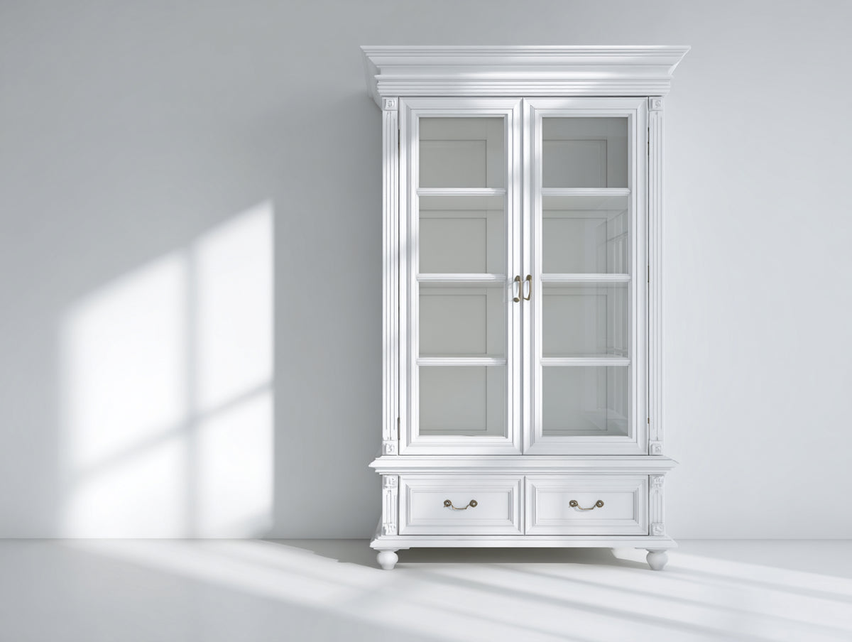 Vitrina de madera 112 x 46 x 190 cm - blanco - con 2 puertas de cristal 2 cajones y estantes interiores