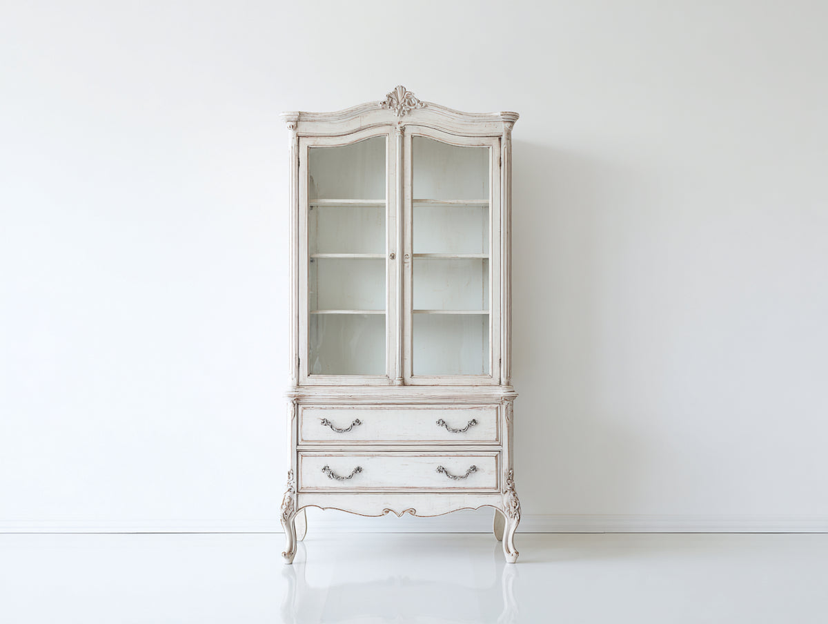 Vitrina de madera manufacturada 100x42x190 cm - Blanco envejecido - Diseño clásico con 2 puertas de vidrio y 2 cajones