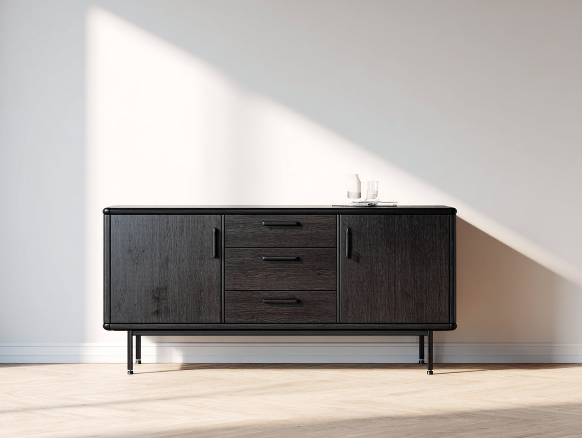Mueble recibidor de madera con 2 puertas y 3 cajones 160 x 40 x 80 cm - Marrón oscuro-Negro - Diseño moderno con patas de metal