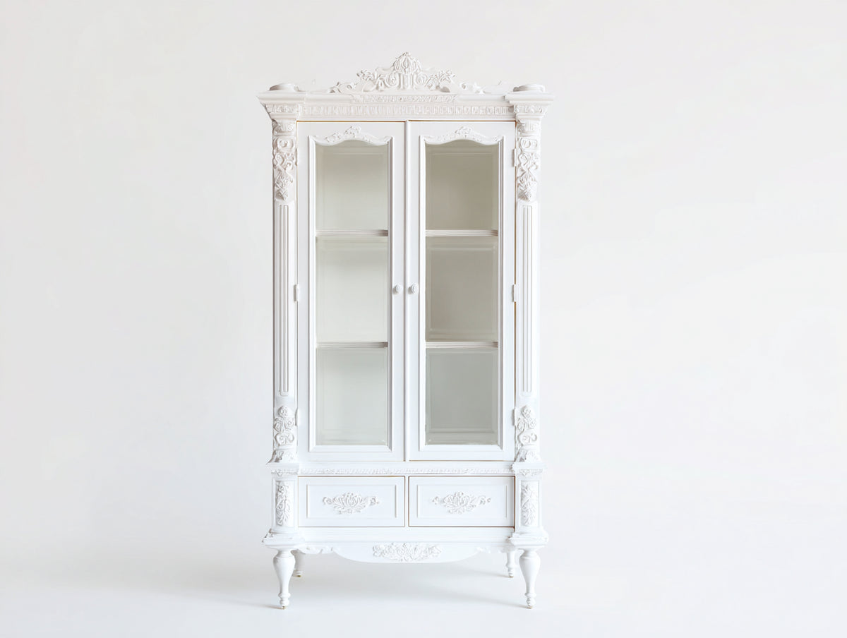 Vitrina 92 x 42 x 198 cm - madera blanca - diseño clásico con 2 puertas de vidrio y 2 cajones