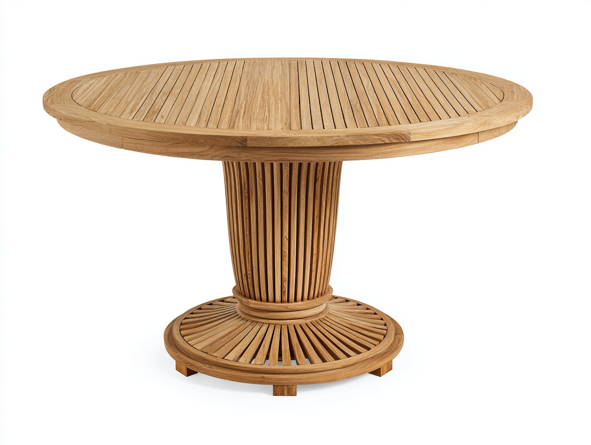 Mesas de jardín redonda de madera maciza 120x120x75 cm - Madera natural - Diseño moderno con tablero de listones y base central acanalada