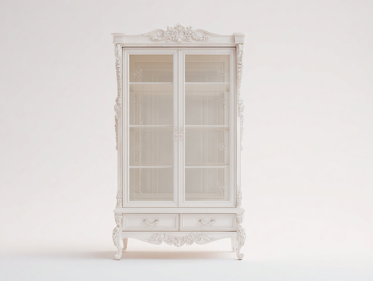 Vitrina de madera con 2 puertas de cristal y 2 cajones 100 x 45 x 190 cm - Blanco marfil - Diseño clásico ornamentado para exposición