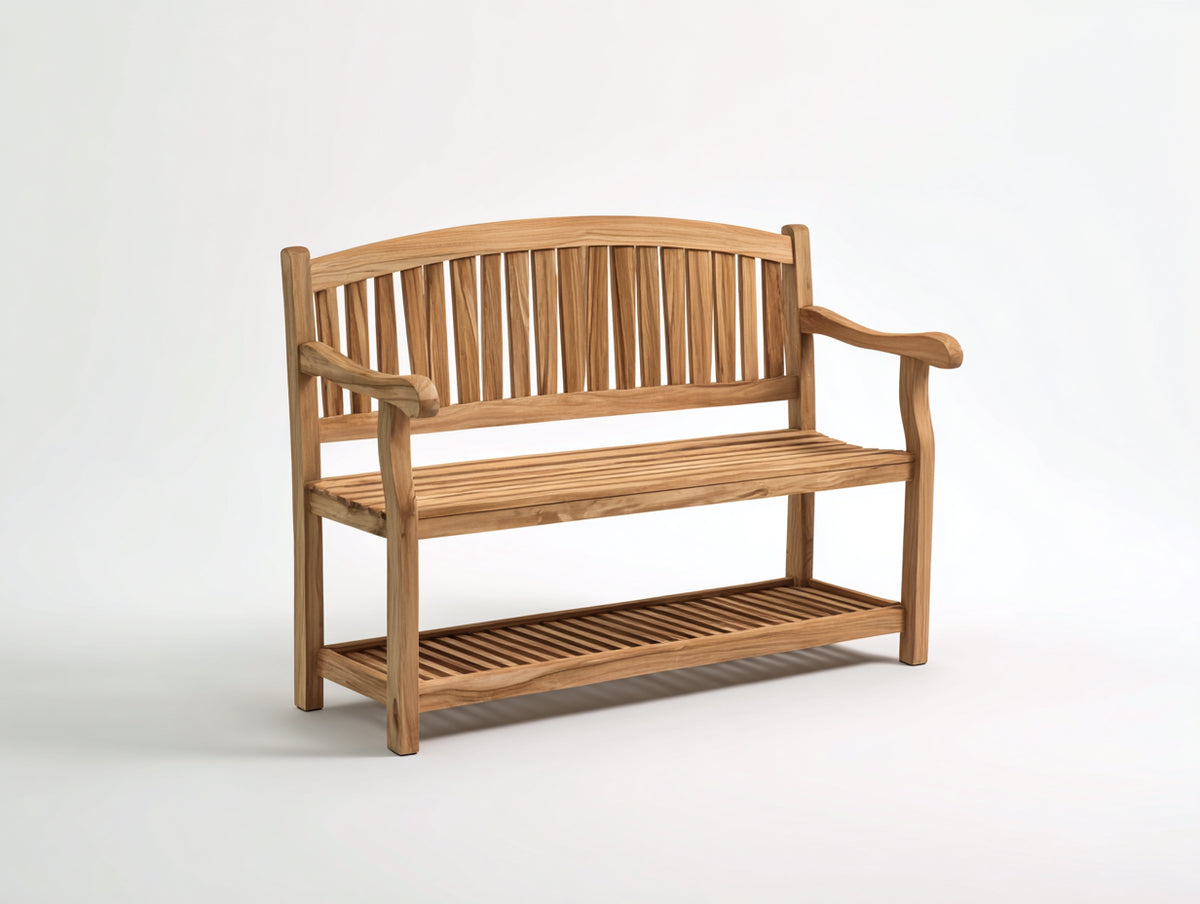 Bancos de jardín de madera maciza 130 x 55 x 92 cm - madera natural - banco con respaldo de lamas brazos curvos y estante inferior
